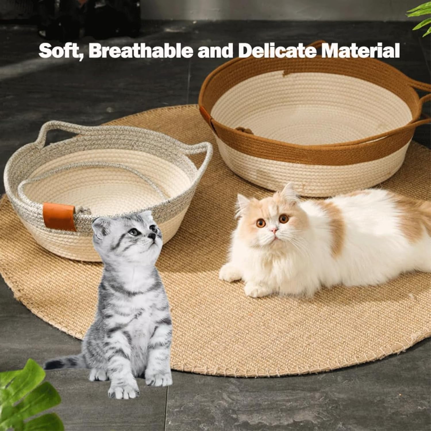 Cutypet Cat Basket,Handwoven Cotton Rope Woven Cat Bed Basket, Toy Tail For Small & Large Cat & Dogdouble Sided Mat For All Seasons