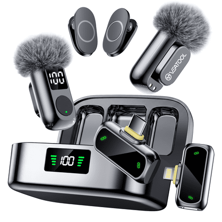 Wireless Lavalier Mini Microphone for iPhone ipad Android,USB-C Noise Canceling Lapel Lavalier Mic,Clip-On Mic with 45H Charging Case for Vlogging,Video Recording,Podcast, YouTube,TikTok(2 TX + 2 RX)