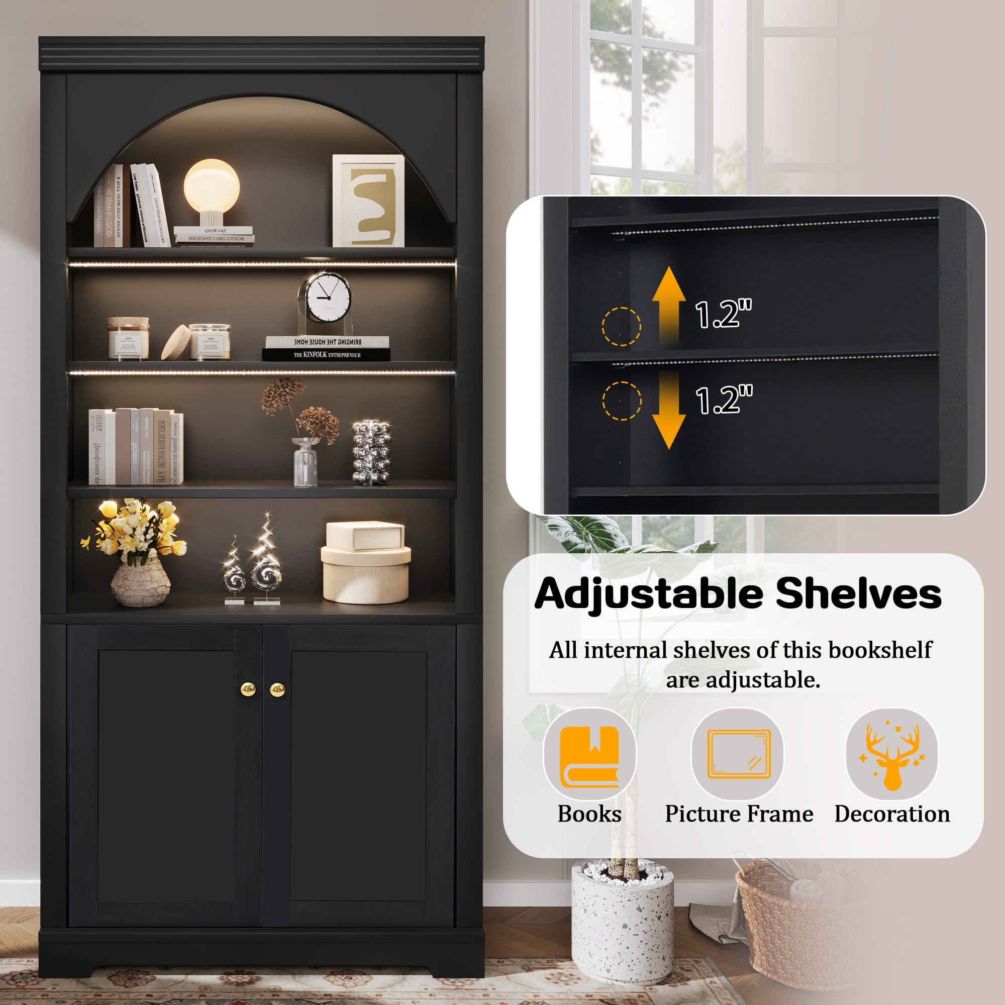 71" Tall Bookshelf Suite with 4-layer LED Lightings, 2 Piece Bookcase with Open Adjustable Shelves