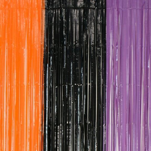putnchl Tricolor Black And Orange With Purple Foil Fringe Curtain, 3.28FT X 6.56FT Door Curtains Photo Booth Back-drop For Halloween Party Decorations