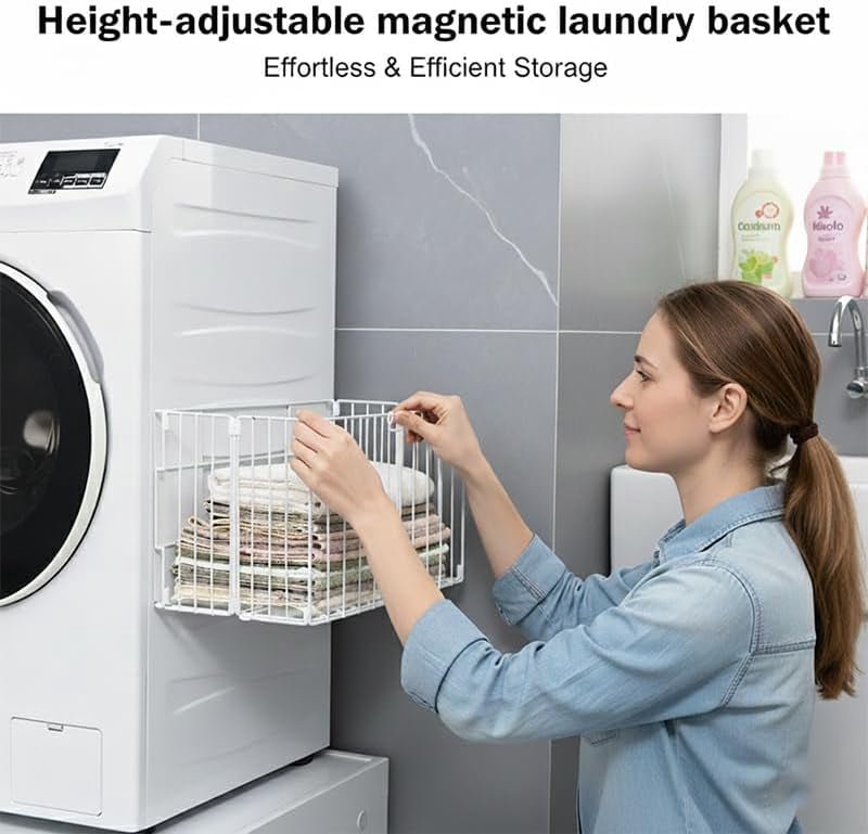 Magnetic Collapsible Laundry Basket, Foldable Metal Pop-Up Hamper for Washing Machine Side, White