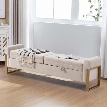 BaseBeauty 67" Storage Bench for Bedroom, End of Bed Bench with Double Lids, Upholstered Storage Bench with Golden Metal Legs, Velvet Beige