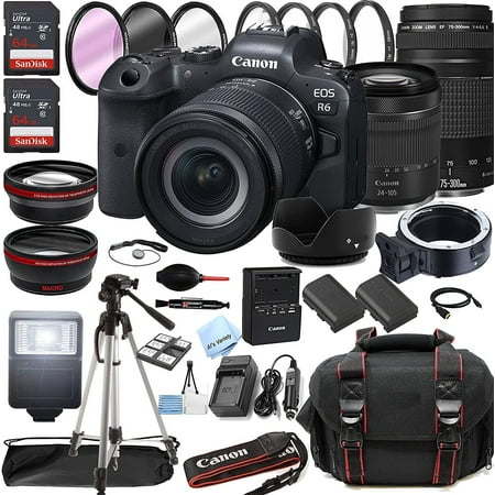 Canon EOS R6 Mirrorless Digital Camera with RF 24-105mm f/4-7.1 STM Lens + 75-300mm F/4-5.6 III Lens + 128GB Memory + Case + Tripod + Filters 41pc Bundle