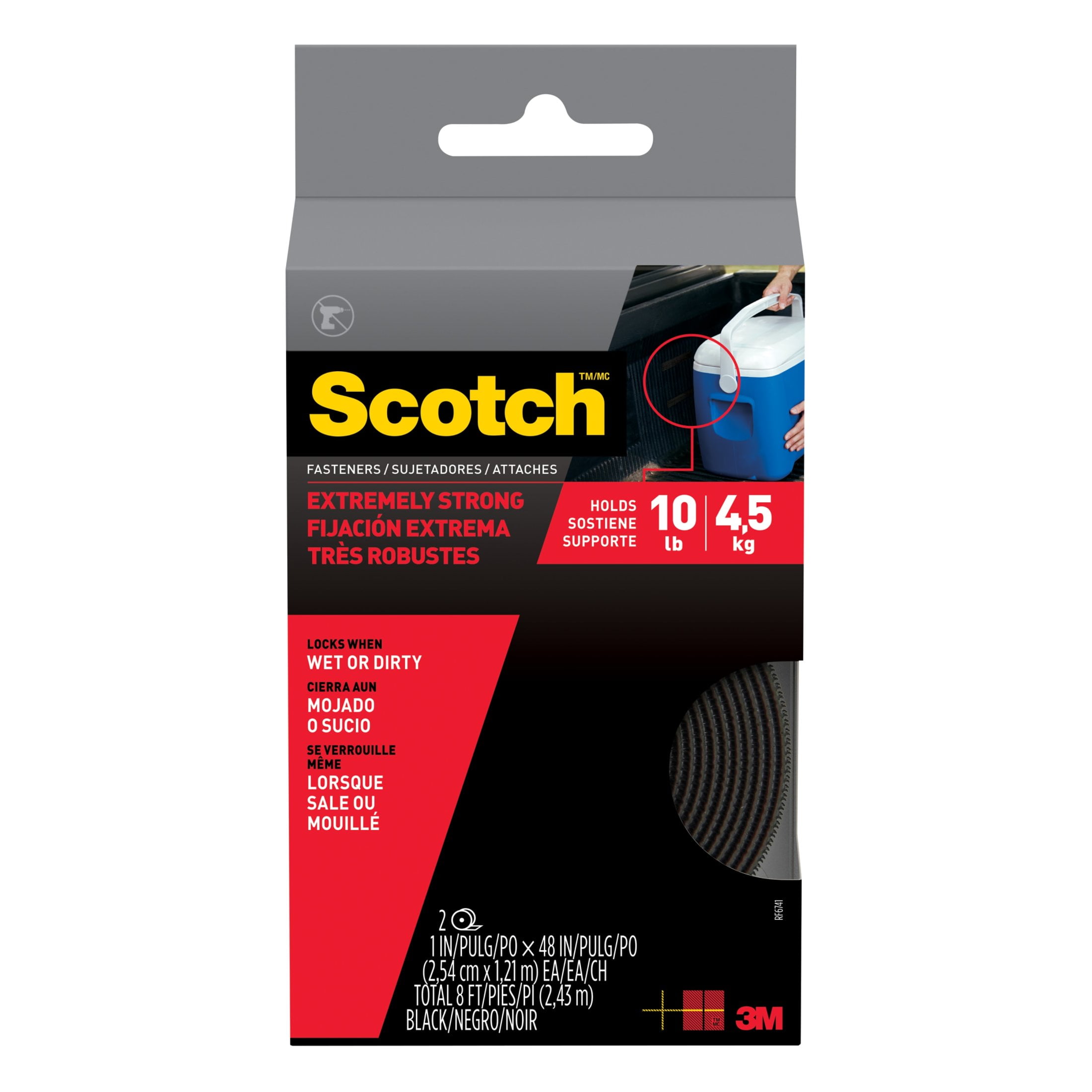 (2 pack) Scotch Extreme Black Hook & Loop Fasteners, Use Anywhere, 10 lbs, 1 in x 4 ft, 2 Count