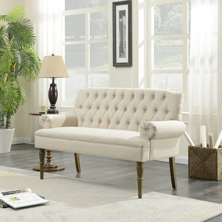 Vintage Rattan Settee Belleze Button Tufted Mid-Century Settee Upholstered Vintage Sofa Bench with Linen Fabric Wood Legs, Beige ()