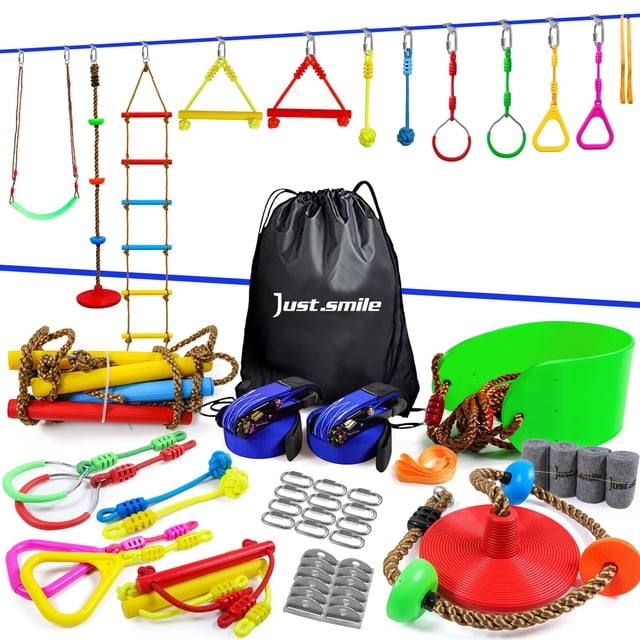 Just.smile Ninja Slackline Ninja Warrior Obstacle Course for Kids, a multicolour outdoor training equipment set for backyard fitness. Includes 2x52ft slacklines, swing, rope ladder, climbing bars, rings, balance belt, tree protectors, and carry bag. Perfect for agility ladders and aerobic training activities.