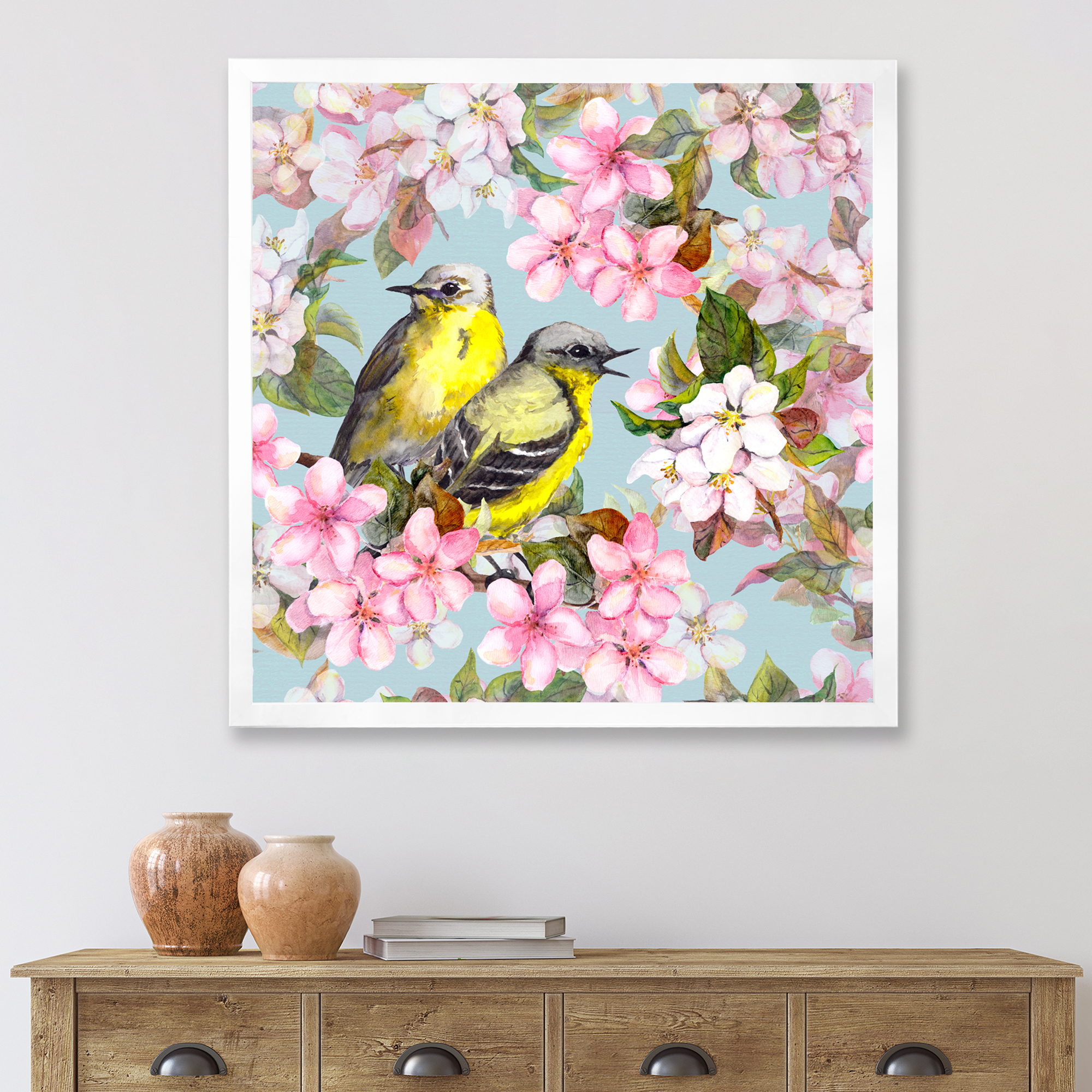 Designart 'Birds On Pink Cherry Sakura and Apple Flowers II' Traditional Framed Art Print