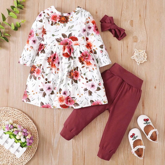 Conjunto de tres piezas de mono de manga corta para bebé niño Herrnalise, para primavera y otoño, para bebés pequeños, niñas, informal, con lazo, manga larga, floral, pantalones de color liso