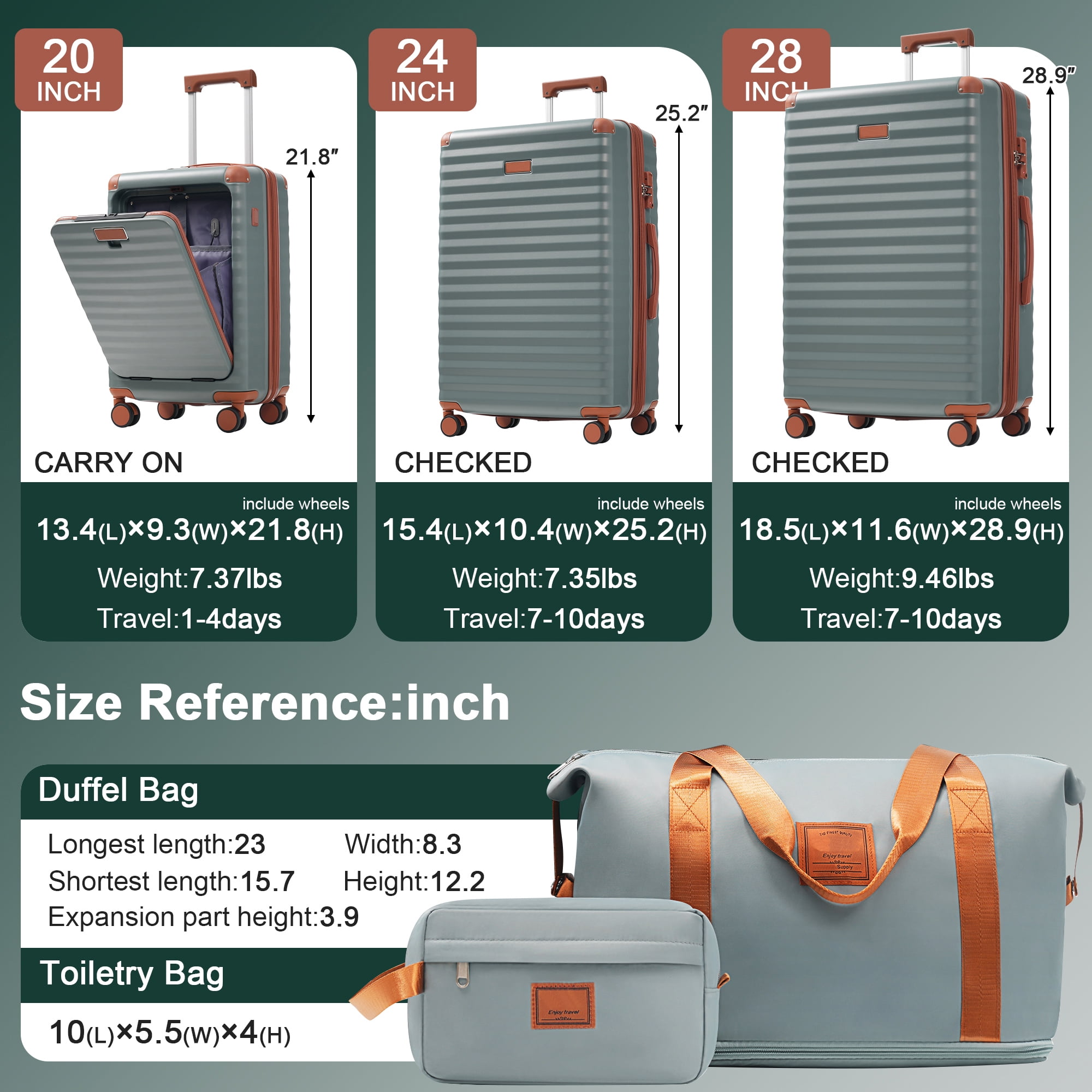 MAYEERTY 5-Piece Minimalist Luggage Set - 20" Front Opening Carry-On with USB/Cup Holder + 24"+28" Expandable + Duffel & Toiletry Bag