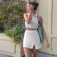 thumbnail image 6 of Women Summer 2 Piece Bodycon Outfits Set Sleeveless Halter Backless Lapel Button Crop Top with High Waist Split Mini Skirt Party Clubwear, 6 of 21