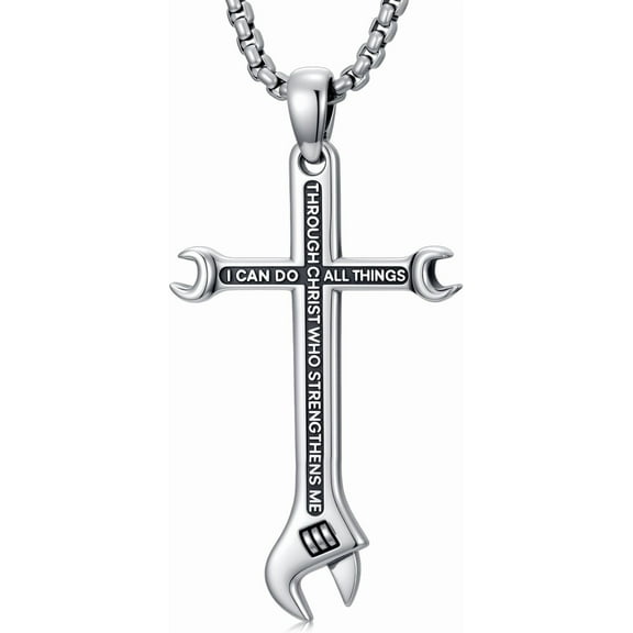 DVEATR Cross Necklace for Men 925 Sterling Silver Philippians 4:13 I CAN DO ALL THINGS Wrench Cross Pendant Bible Verse Jewelry