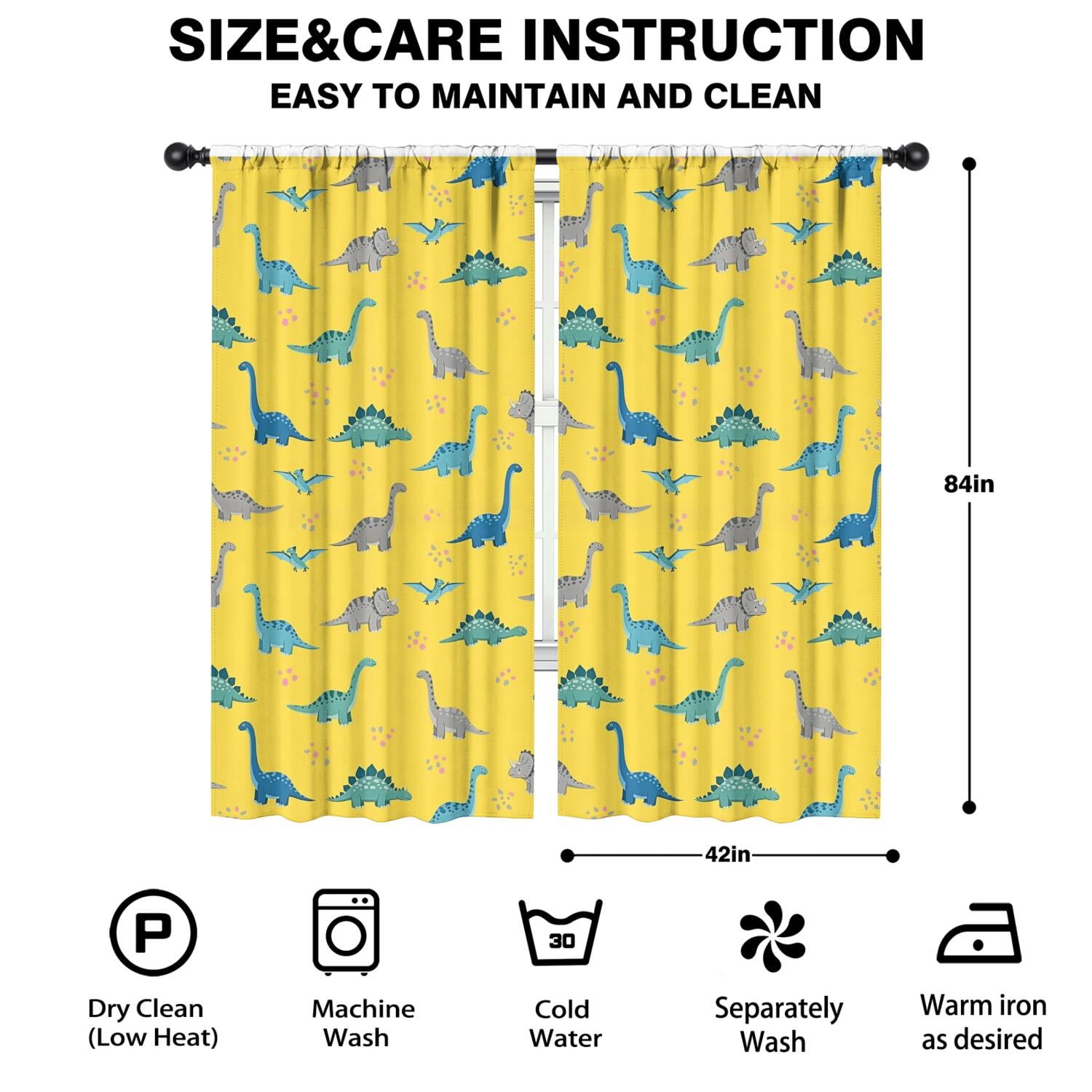 Blackout Kids Curtains,Yellow Cartoon Dinosaurs Pattern Childrens Insulated Curtains Set Of 2,Bedroom Essentials,Toddler Room Decor 42"x84"
