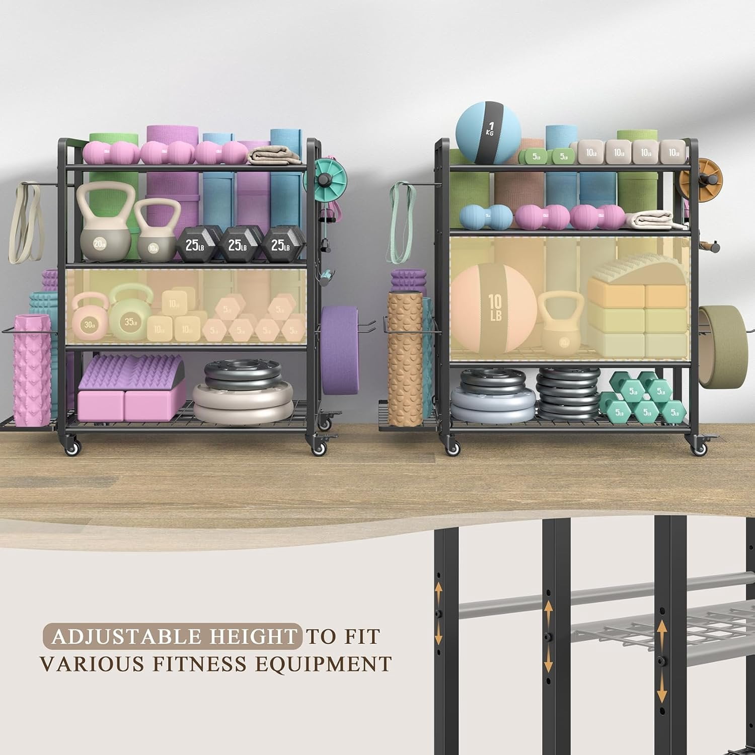 4-Tier Dumbbell Rack Stand Only, Adjustable Weight Rack for Dumbbells Kettlebells Yoga Mat,  Gym Storage Rack with Wheels and Hooks,  Coated Finish