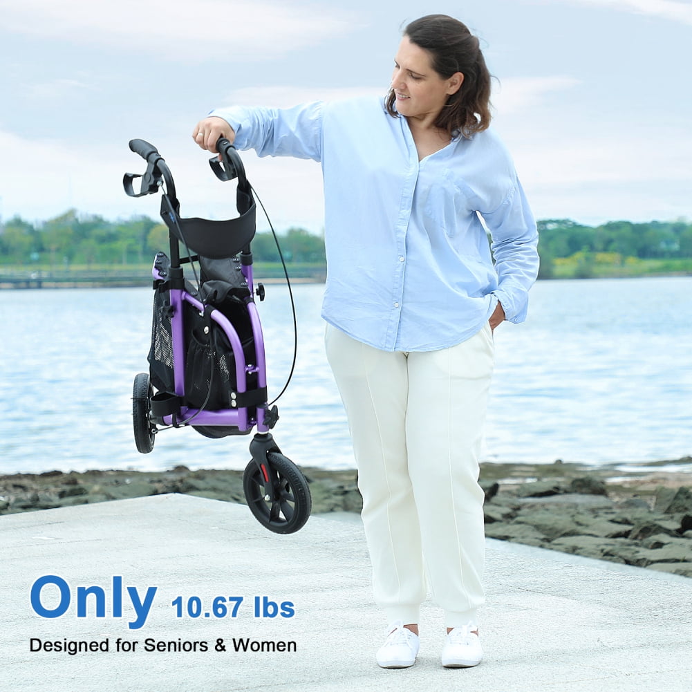 WalkMate 3 Wheel Rollator Walker for Slim Senior, 8'' Wheel Lightweight Folding Walker, Purple