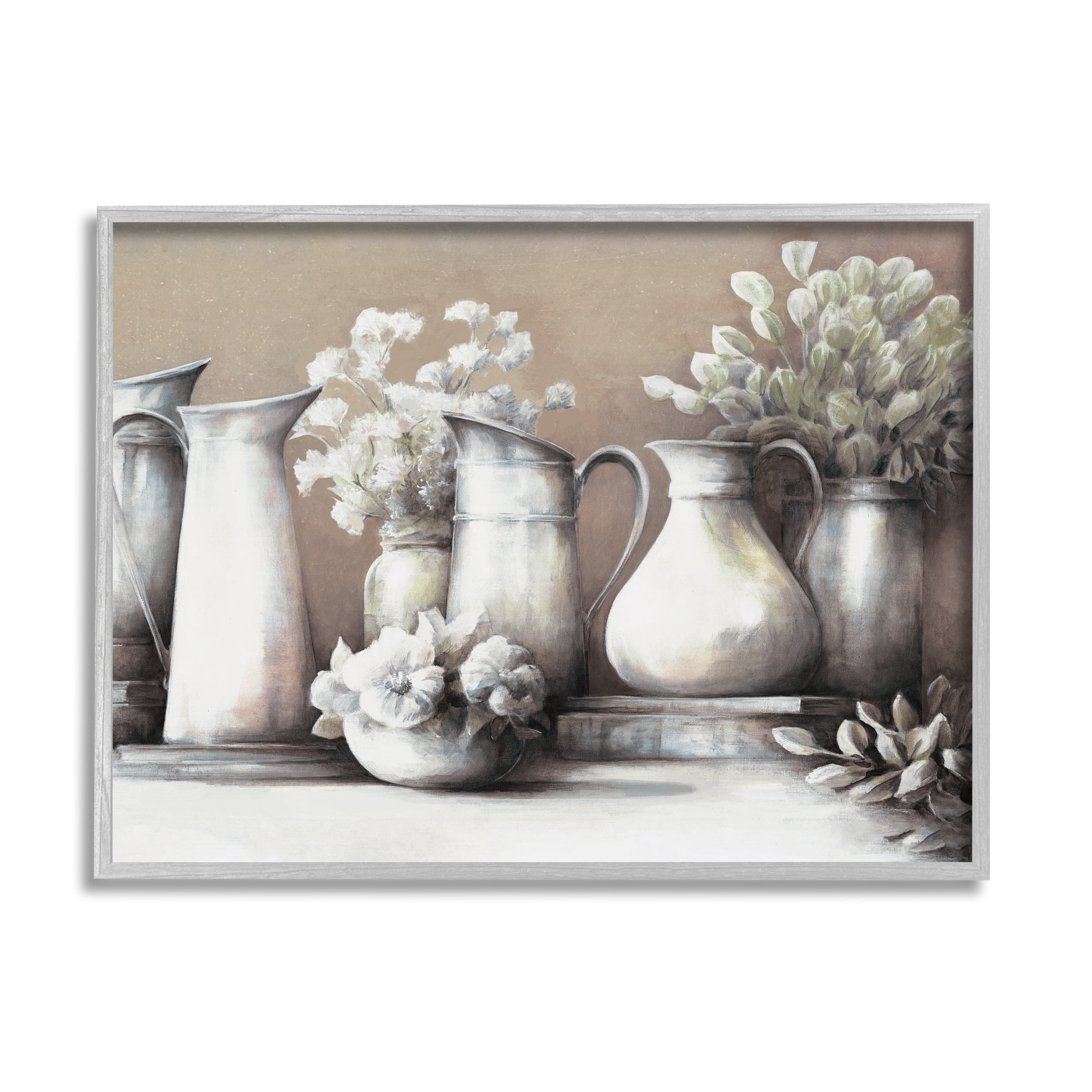 Stupell Industries Classic Flower Arrangement Country Water Jug Painting Painting Gray Framed Art Print Wall Art, Design by White Ladder