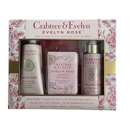 Crabtree & Evelyn Evelyn Rose 3pc Gift Set (Hand Therapy 3.5oz, Cleansing Bar 4.4oz, Body Mist 4 fl oz)