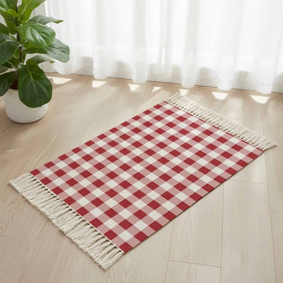 Area Rug with Tassels 2' x 3', Red Pink and White Plaid Kitchen Runner Rug for Hallway Bedroom Throw Rugs, Pastoral Farm Style Soft Door Mat for Bathroom Entrance Living Room