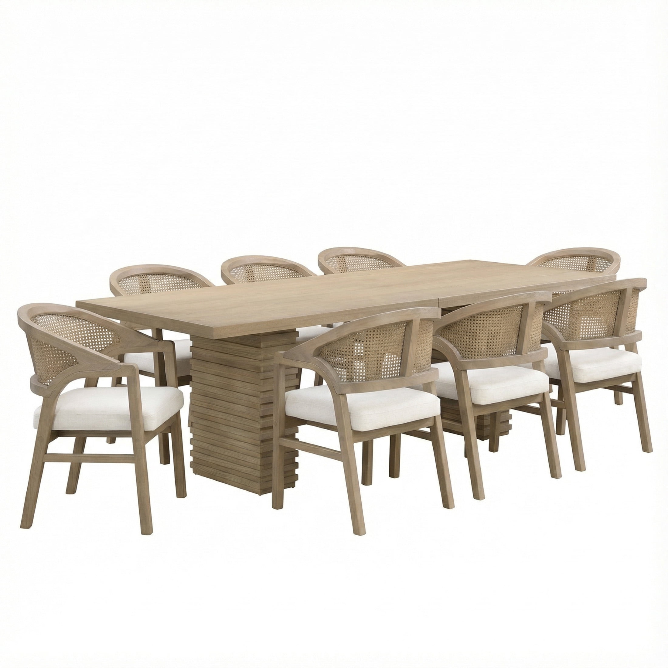 Christopher Knight Home 9-Piece Mid Century Dining Set, 95" Wood Table with Rattan Back Chairs, Seats 8, Light Ash