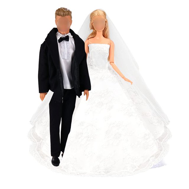 Conjunto de boda BARWA, vestido de novia blanco con velo para muñecas de 11.5 pulgadas