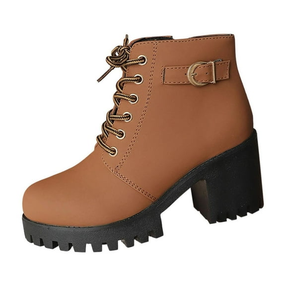 KEGIRLOM Women's Fashion Casual Versatile Sweet Cool Fashionable Fall And Winter Style Trendy Thick Bottom High Heel Strap Short Boots Brown 6