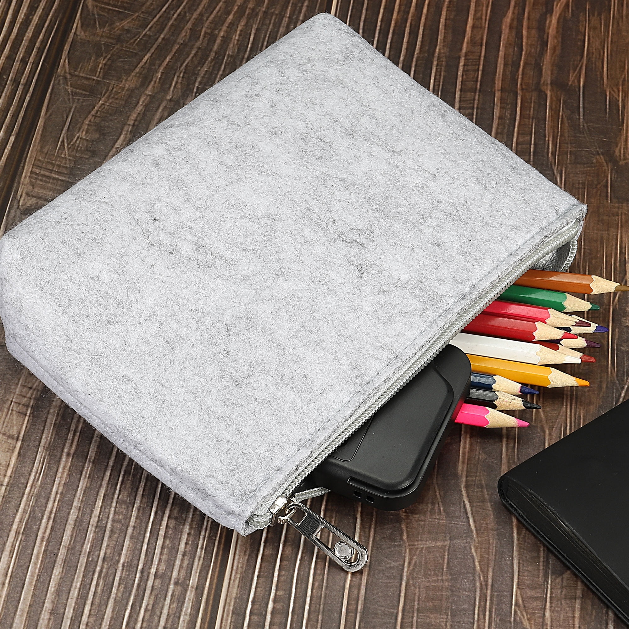Unique Bargains Zipper Felt Pencil Stationery Storage Pouch Light Gray