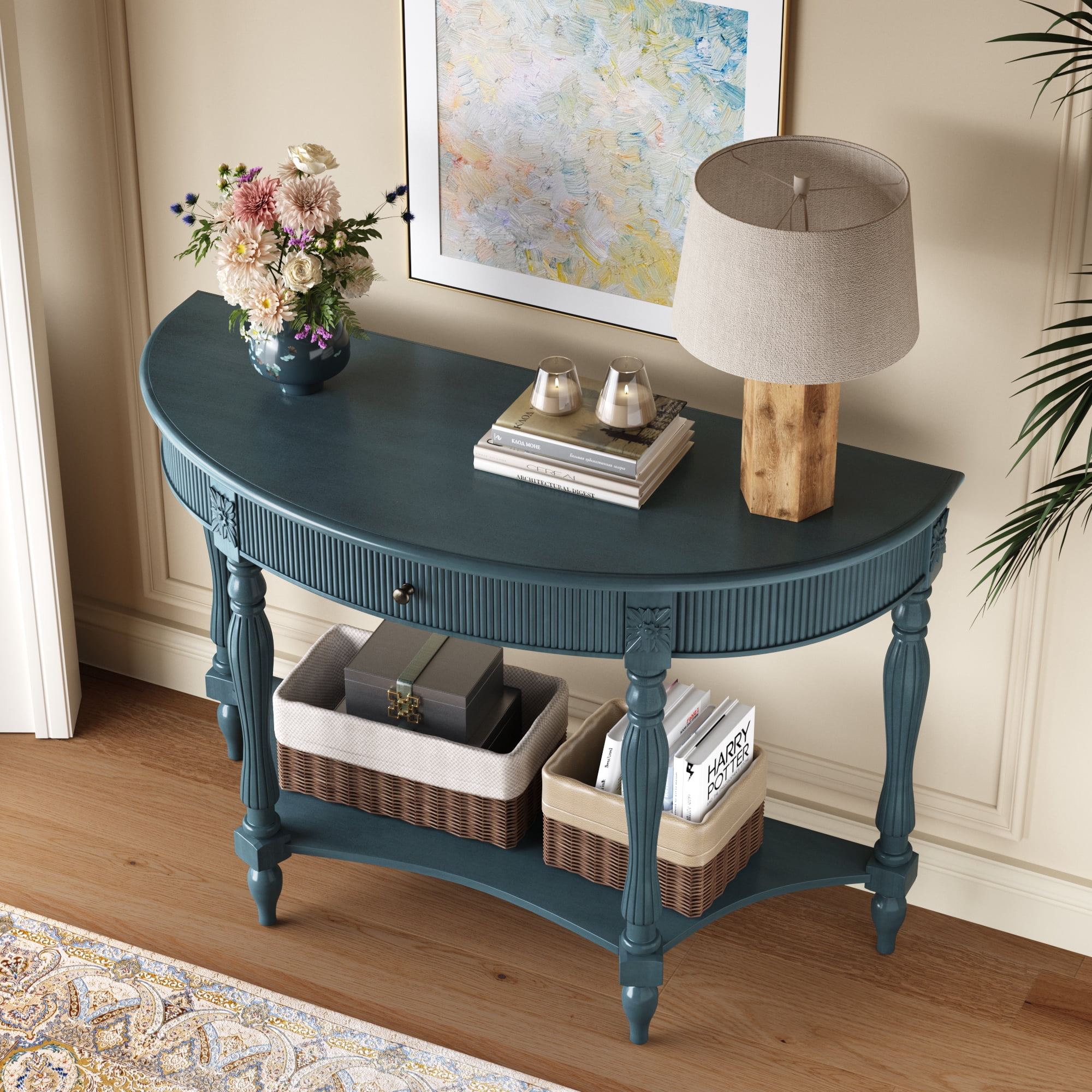Solid Wood Half Moon Console Table with Drawer & Shelf, Fluted Vintage Curved Entryway Table for Hallway Living Room Foyer, Narrow Space Sofa Table with Roman Column Carved Legs,Rustic Blue