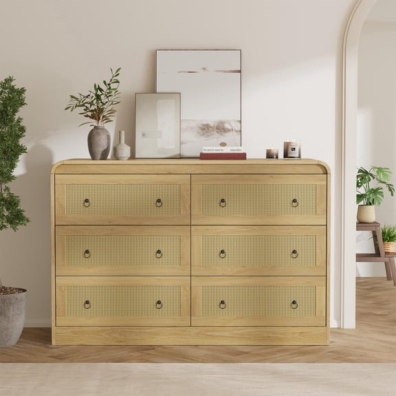 Panapinka 6 Drawer Dresser for Bedroom,31''Tall Rattan Dresser,Wooden Dresser for Closet,Rounded Corners TV Stand,Modern Dressers for Bedroom,Hallway