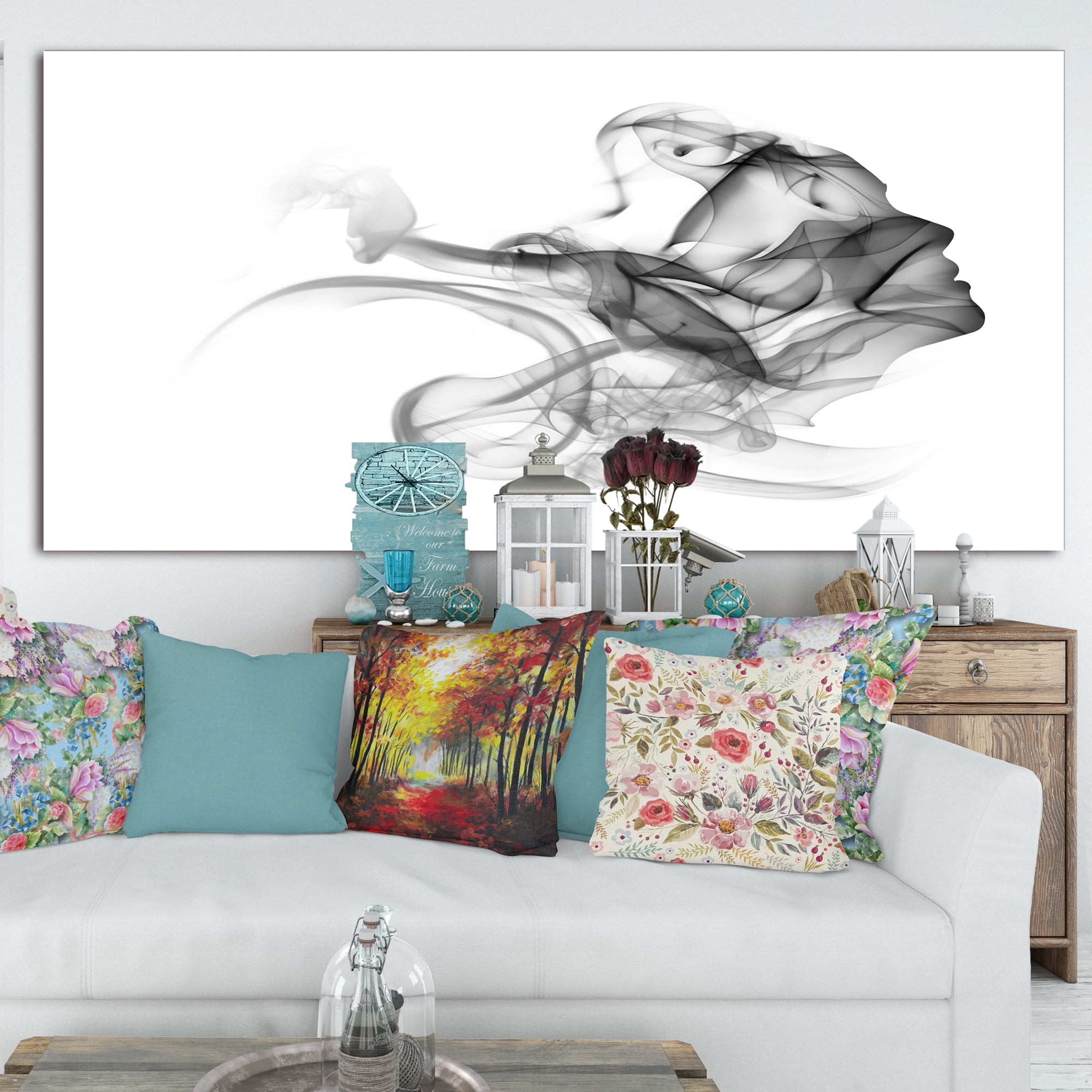 Designart 'Woman and Smoke Double Exposure ' Portrait Canvas Art Print