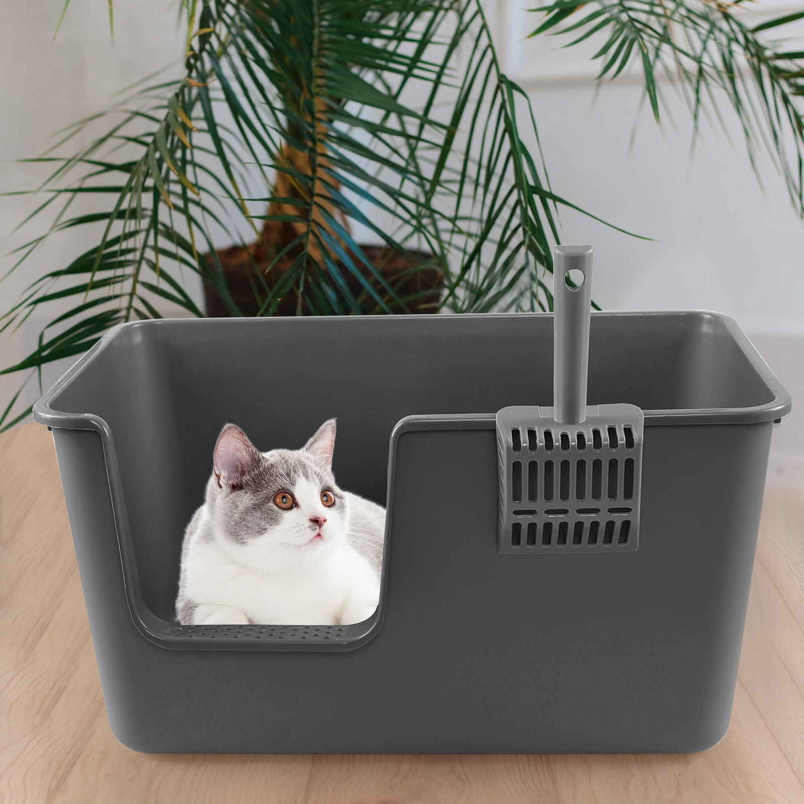 Gloreen 4-Pack Large Cat Litter Box with High Sides, Plastic Open Top Cat Litter Box, Grey