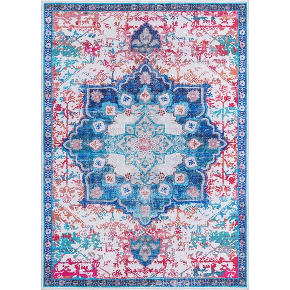 Rugs.com Francesca Collection Washable Rug – 10' x 14' Ivory Blue Flatweave Rug Perfect For Living Rooms, Large Dining Rooms, Open Floorplans