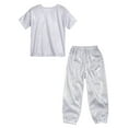 thumbnail image 4 of Eandarui Kids 2 Piece Dance Outfit Shorts Sleeve Shiny Metallic Round Neck T-shirt with Pant Set Jazz Silver 140, 4 of 5