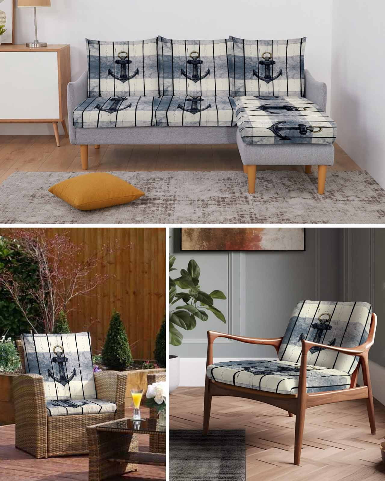 Navy Blue Nautical Couch Cushion Covers, Stretch Seat Cushion Covers for Sectional Sofa, Coastal Blue Striped Vintage Loveseat Sofa&nbsp;Slipcovers Furniture Protector with Elastic&Straps Medium 1Pcs