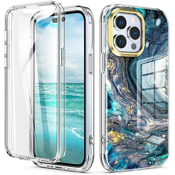 Marble Floral Pattern Case for iPhone 14 Pro, Soft Silicone Shockproof Clear Bumper Slim Fit Cover with Screen Protector MagSafe Wireless Charging Lens Protection Case,Ocean