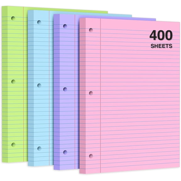 400 Sheets Pastel Colored Filler Paper Set, College Ruled, 8" x 10.5" Three-Hole Punched, Compatible with 3-Ring Binders, Includes Pink, Purple, Blue, Green