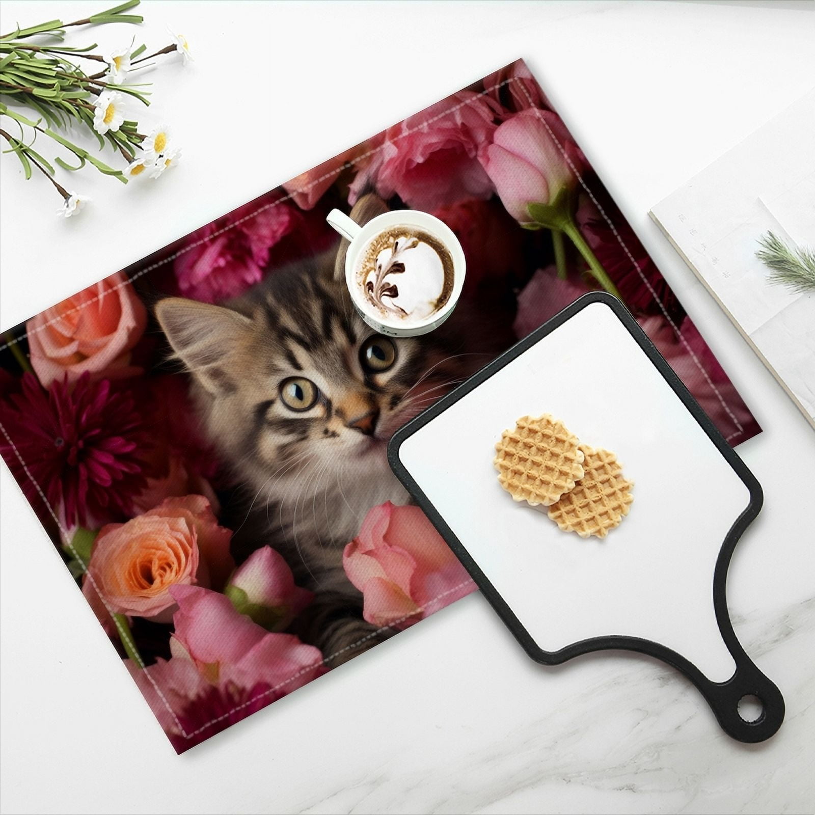 BaHomeck placemats Set of 4 Fluffy Kitten Surrounded By Pink And Red Roses Cotton Linen rectangle Placemats for Kitchen Dining Table Indoor,Outdoor,18*12inch