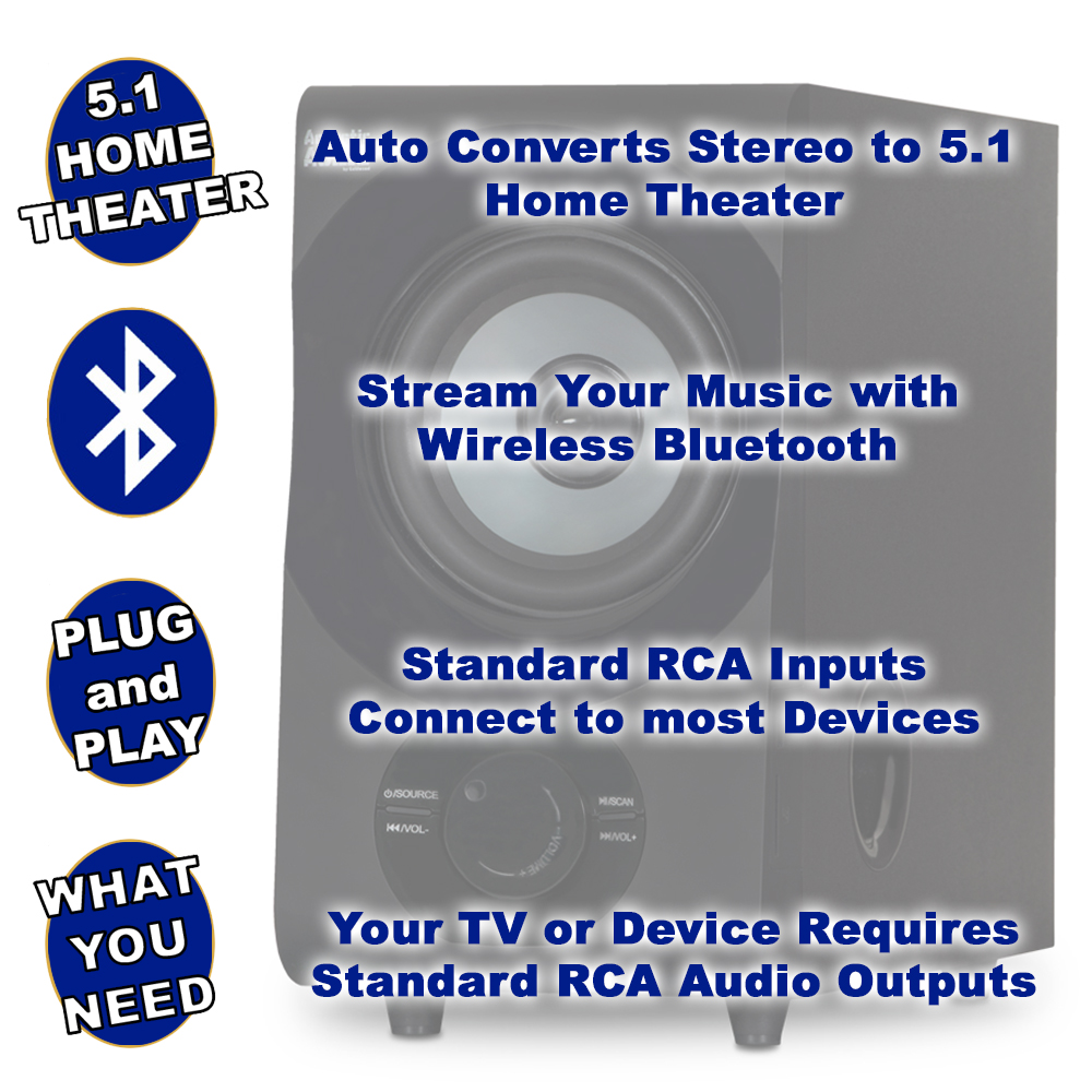 Acoustic Audio AA5172 Home Theater 5.1 Bluetooth Speaker System with USB and 5 Extension Cables - image 2 of 7