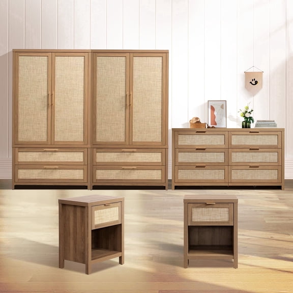 SICOTAS 5-Piece Bedroom Furniture Set with Dresser, Nightstands, and Armoire - Boho 56.85"W Dresser with 6 Drawers, 30"W Nightstand with Charging Station, 70"H Armoire with Storage