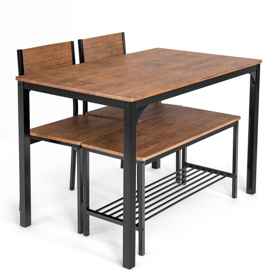 Giantex Dining Table Set for 4, Kitchen Table with 1 Bench and 2 Chairs, Modern Functional Desk Set for Bedroom Study Room, Brown