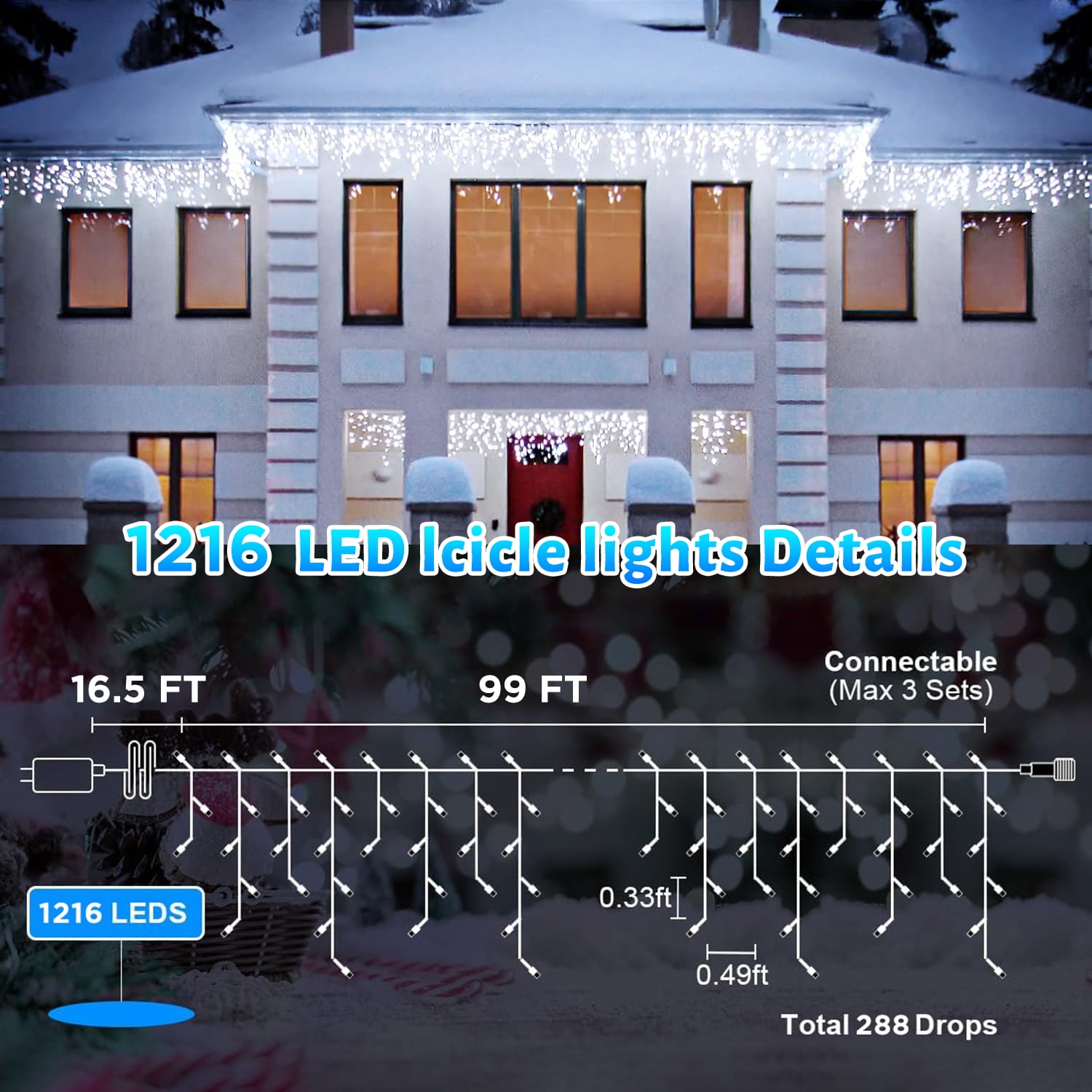 99ft Christmas Icicle Lights, Curtain Fairy Icicle String Lights with 228 Drops, Led Christmas Twinkle Lights for Holiday, Party, Christmas Decorations, White