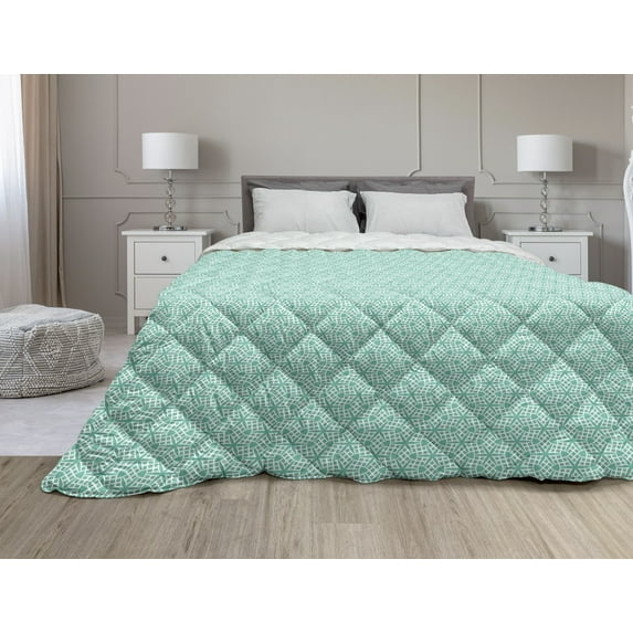 Geometric Down Alternative Comforter, Circles in Cubes Rhythmic Geometric Illustration, Microfiber Quilt for All Season, 5 Sizes, Seafoam Sea Blue, by Ambesonne