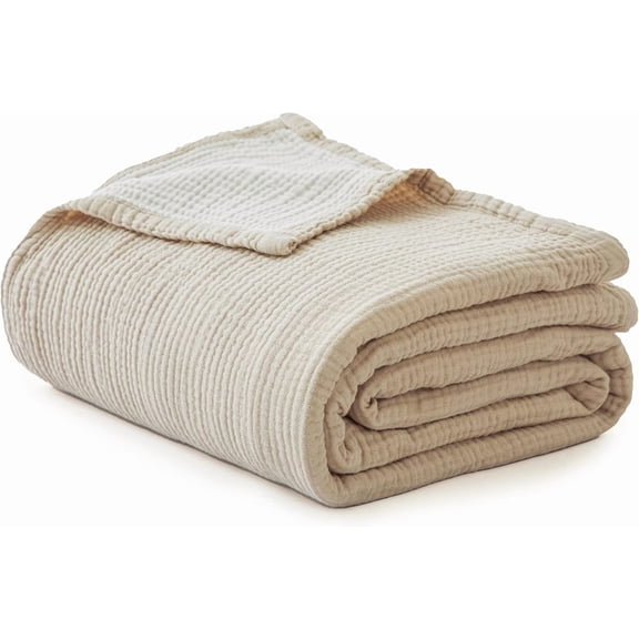 100% Cotton Muslin Blanket Queen Size, Lightweight Breathable 4 Layering Gauze Blanket for Bed Couch Camping, Soft Bedspread Coverlet All-Season Use (Beige, 88" x 92")