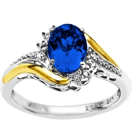 - Duet Sterling Silver with 10kt Yellow Gold Oval Created Sapphire and Diamond Accent Ring