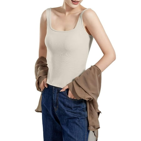 Lroveb Tank Top with Built in Bra for Women Solid Color Vest Chest Cushion Slim Fit Underwear U Neck Backless Base Shirt Threaded Black Inner Tank Tops