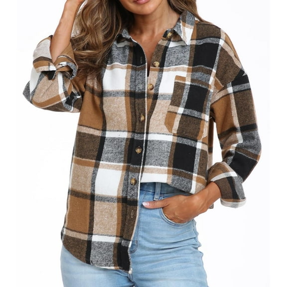 Tawop Shacket for Women Flannel Plaid Button Down Tops Shirts Front Pocket Fall,Brown,Size L