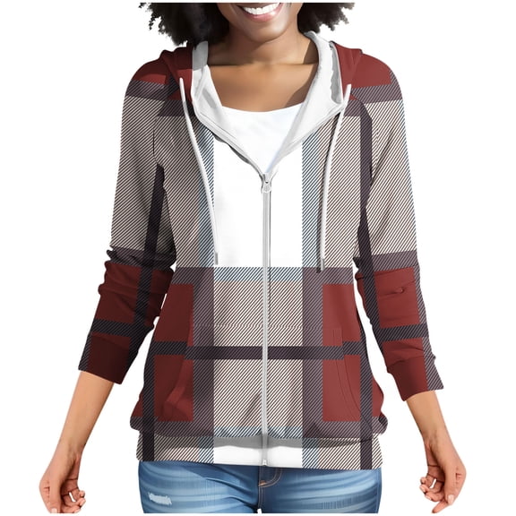 ZyeKqe Womens Hoodies Jackets Zip up Long Sleeve Sweatshirts Loose Fitted Printed Drawstring Daily Casual Hooded Blouses