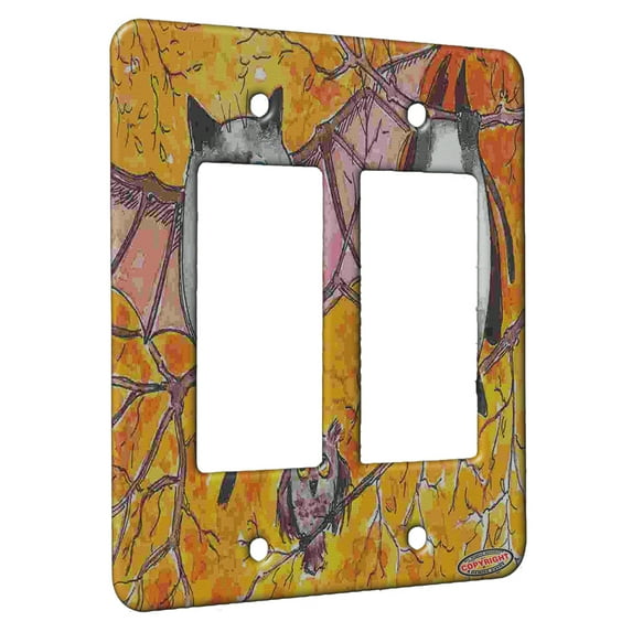 KuzmarK™ 2 Gang Rocker Wall Plate - Siamese Batty Kitties with Screech Owl Fantasy Cat Art by Denise Every