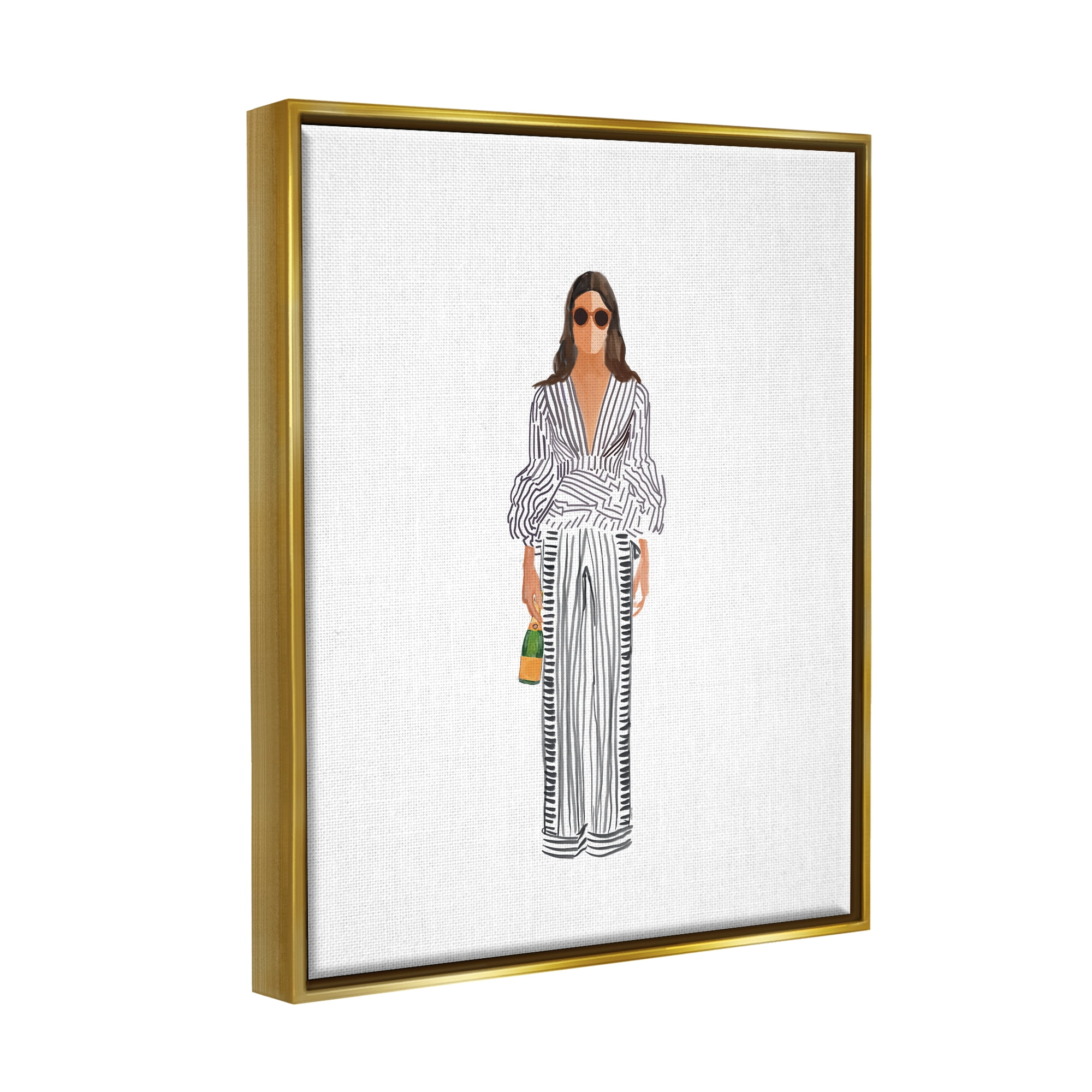 Stupell Industries Fashion Girl with Champagne Food & Beverage Painting Gold Floater Framed Art Print Wall Art, 25 x 31