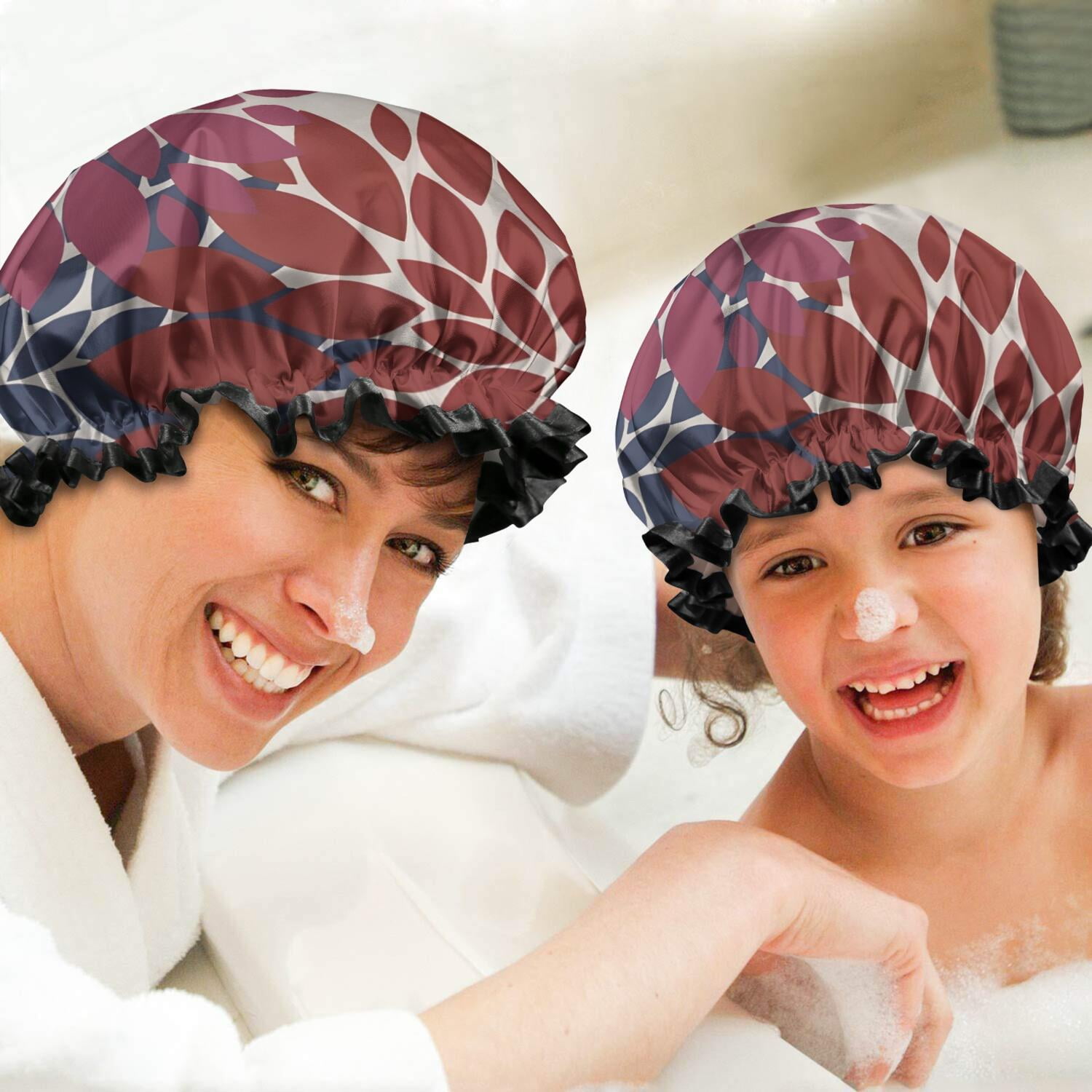 Shower Caps,Red and Blue Floral Pattern Waterproof Shower Cap for Women 4 Pieces,Double Reusable Hair Cover for Shower PEVA Elastic Stretch Hem