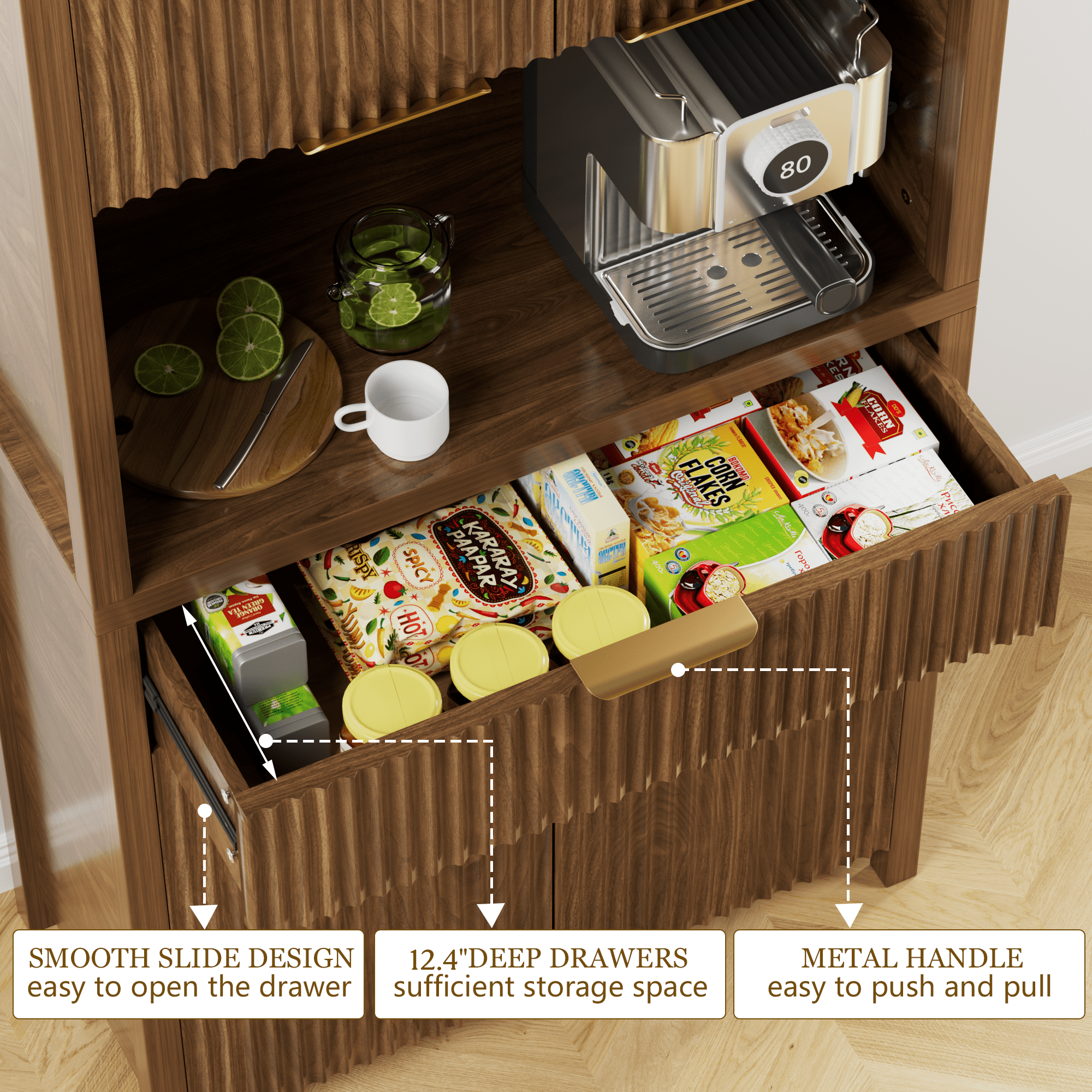 Aufeile 71" Tall Pantry Storage Cabinet with Drawer and Charging Station, Fluted Pantry Cabinet with Adjustable Shelves for Kitchen Dining Room Living Room, Black