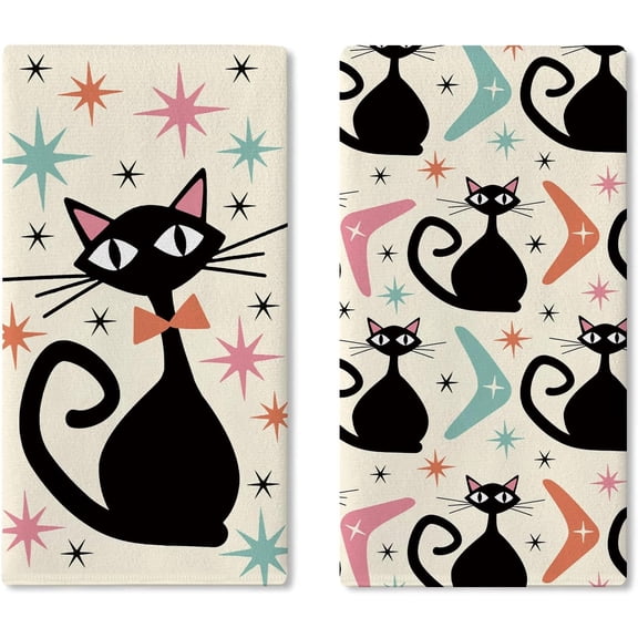 Mid Century Modern Black Cat Kitchen Dish Towels Set of 2, Colorful Geometric Abstract Art Drying Hand Towel Baking Cooking Cloth, Retro Starburst Bathroom Home Decoration 18'' x 26''